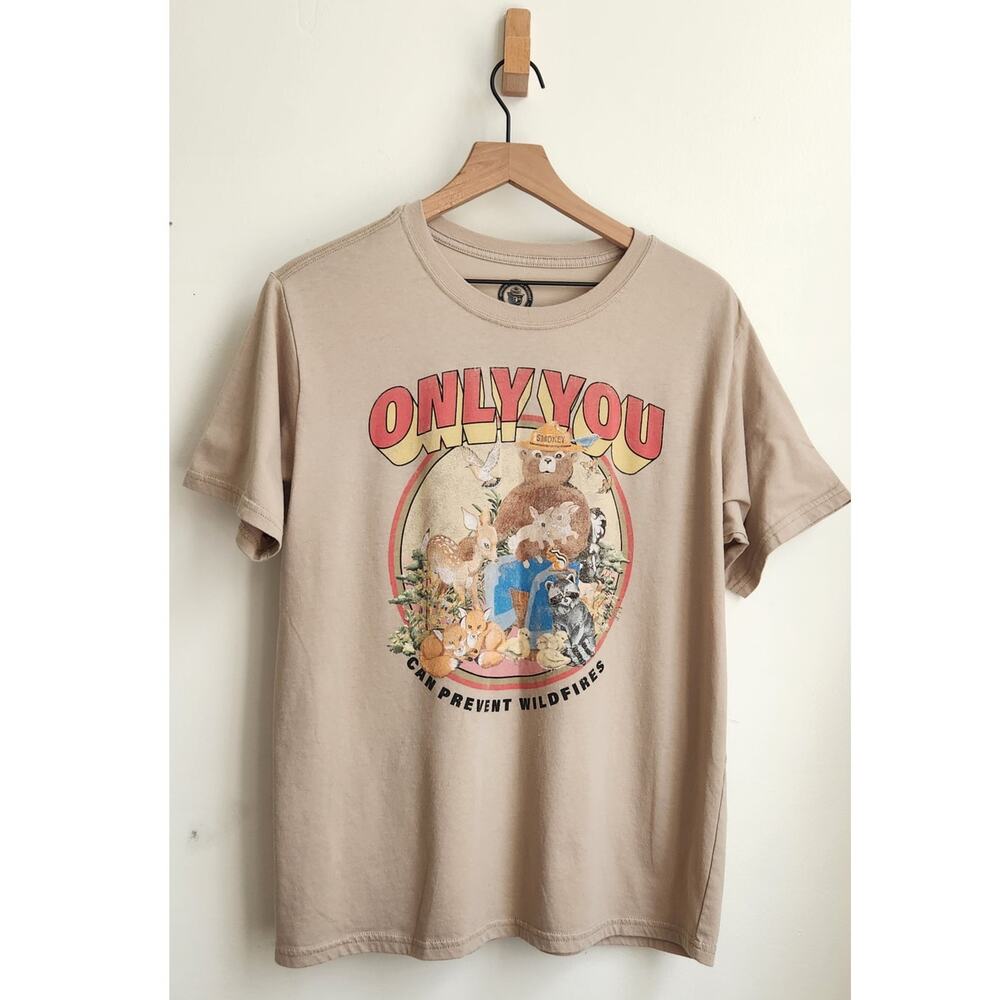 You Can Prevent Forest Fire Graphic T-Shirt Womens 2X Beige Casual 90s Boho